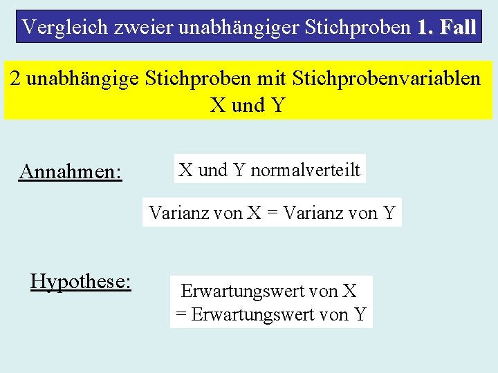 Vergleich zweier unabhängiger Stichproben 1. Fall 2 unabhängige Stichproben mit Stichprobenvariablen X und Y