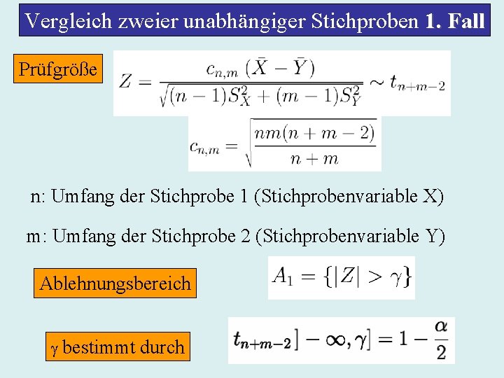 Vergleich zweier unabhängiger Stichproben 1. Fall Prüfgröße n: Umfang der Stichprobe 1 (Stichprobenvariable X)