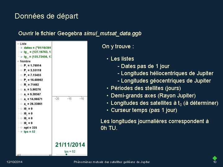 Données de départ Ouvrir le fichier Geogebra simul_mutsat_data. ggb On y trouve : •