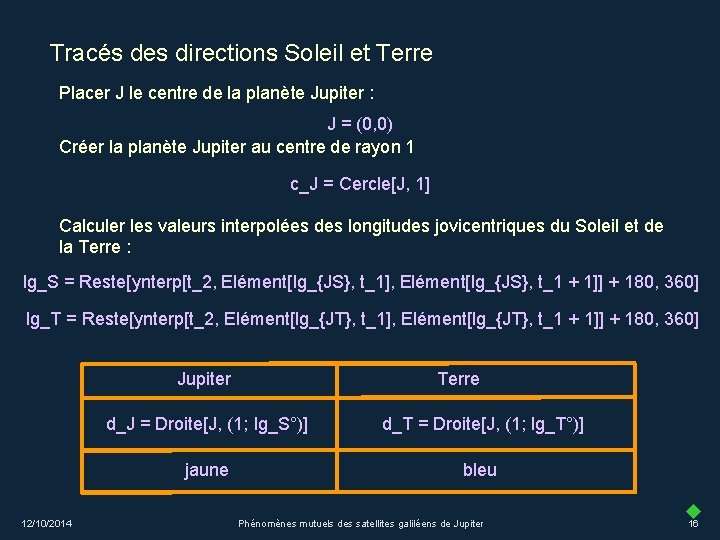 Tracés des directions Soleil et Terre Placer J le centre de la planète Jupiter