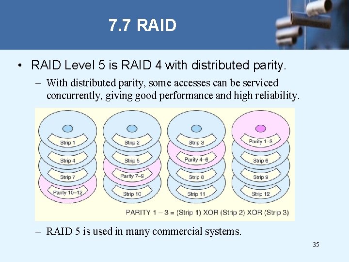 7. 7 RAID • RAID Level 5 is RAID 4 with distributed parity. –