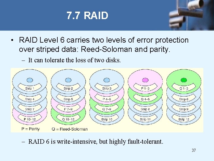 7. 7 RAID • RAID Level 6 carries two levels of error protection over