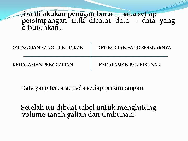 Jika dilakukan penggambaran, maka setiap persimpangan titik dicatat data – data yang dibutuhkan. KETINGGIAN