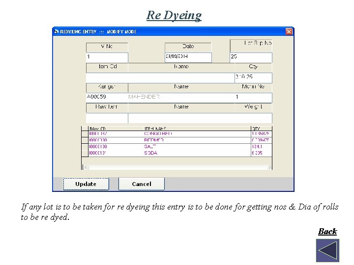 Re Dyeing If any lot is to be taken for re dyeing this entry