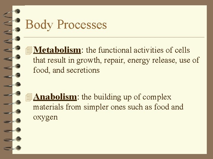 Body Processes 4 Metabolism: the functional activities of cells that result in growth, repair,