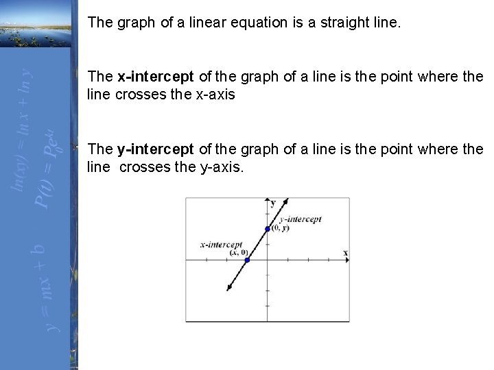 The graph of a linear equation is a straight line. The x-intercept of the