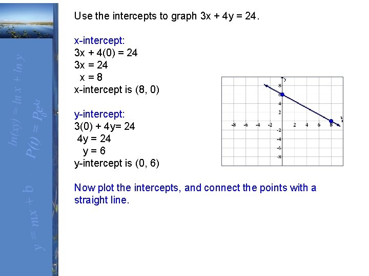 Use the intercepts to graph 3 x + 4 y = 24. x-intercept: 3