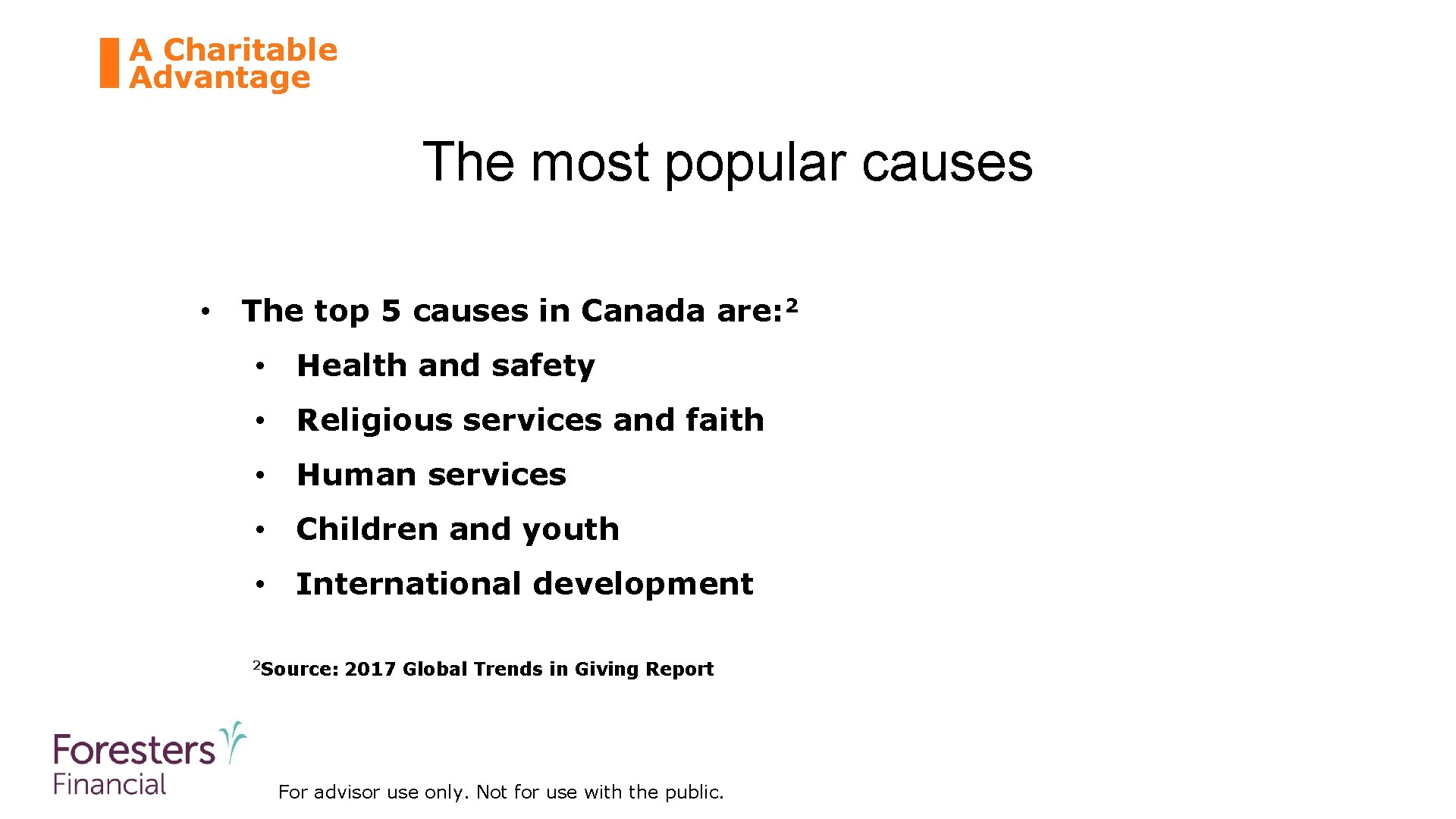 A Charitable Advantage The most popular causes • The top 5 causes in Canada