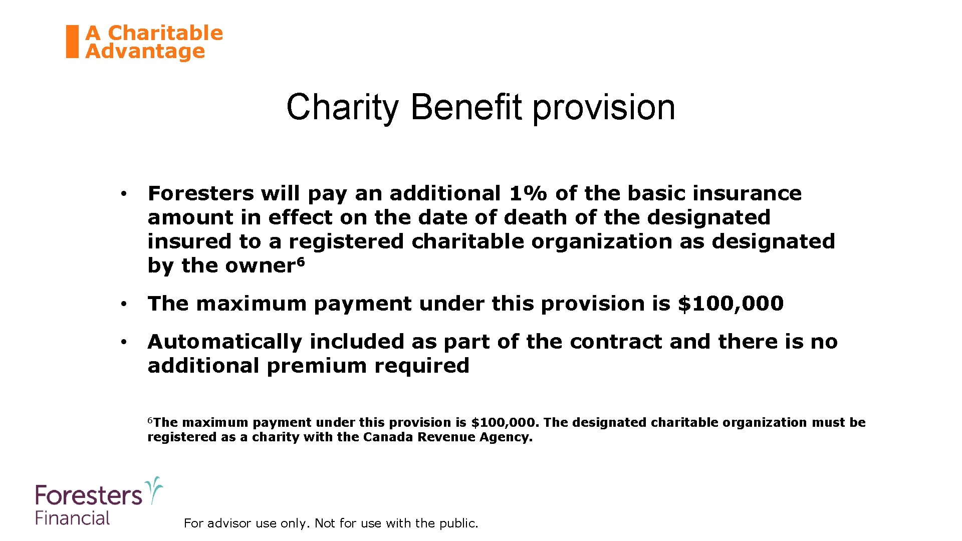 A Charitable Advantage Charity Benefit provision • Foresters will pay an additional 1% of