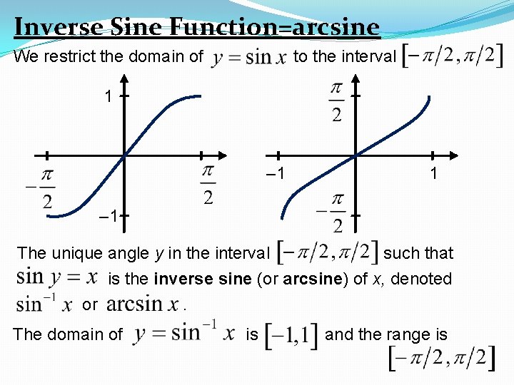 Inverse Sine Function=arcsine We restrict the domain of to the interval 1 – 1