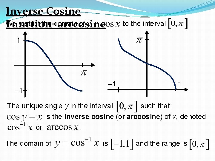Inverse Cosine We restrict the domain of Function=arccosine to the interval 1 – 1