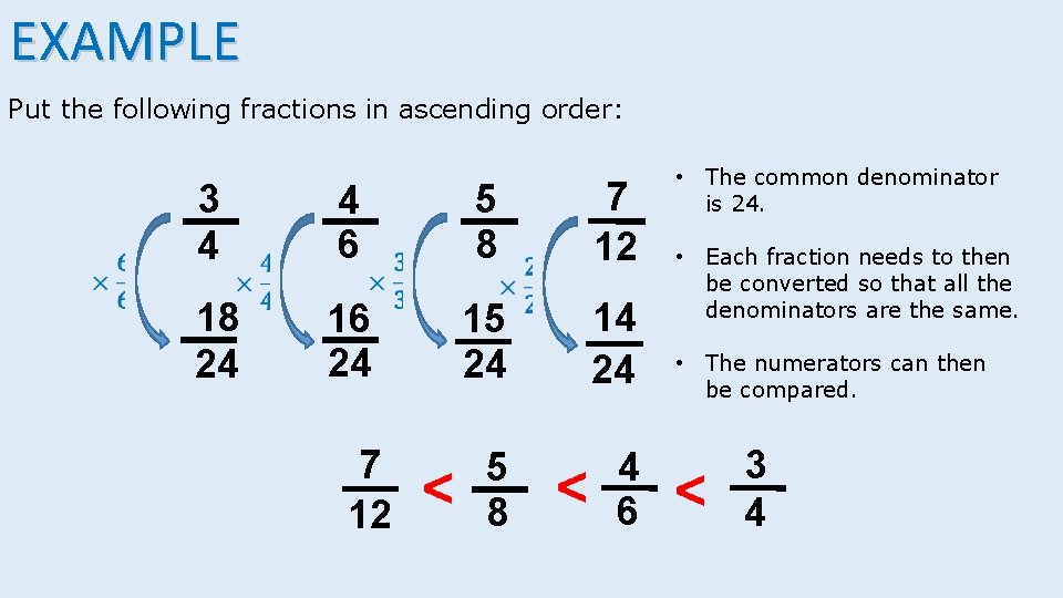EXAMPLE Put the following fractions in ascending order: 5 8 7 12 18 24