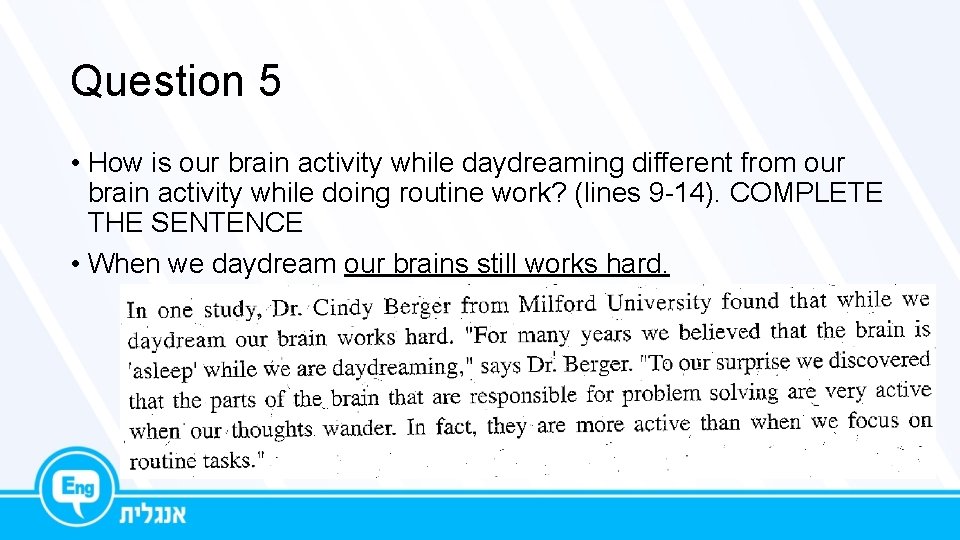 Question 5 • How is our brain activity while daydreaming different from our brain