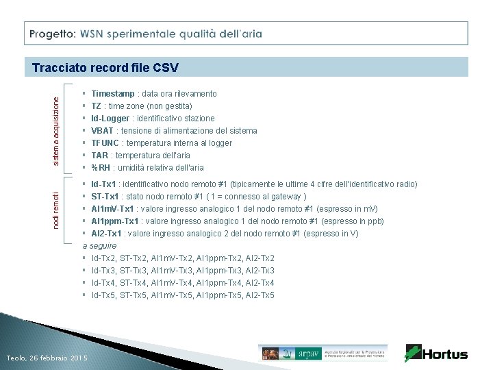 nodi remoti sistema acquisizione Tracciato record file CSV Timestamp : data ora rilevamento TZ