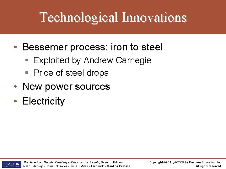 Technological Innovations • Bessemer process: iron to steel § Exploited by Andrew Carnegie §