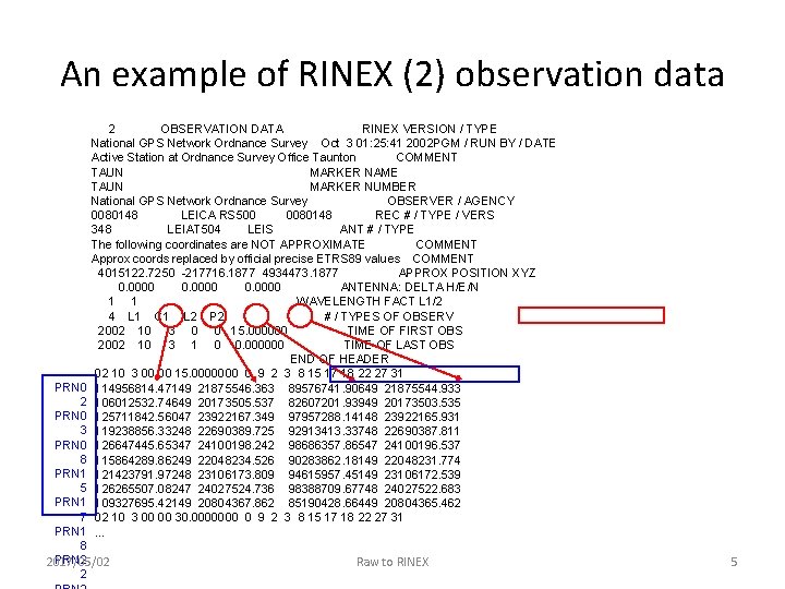 An example of RINEX (2) observation data 2 OBSERVATION DATA RINEX VERSION / TYPE