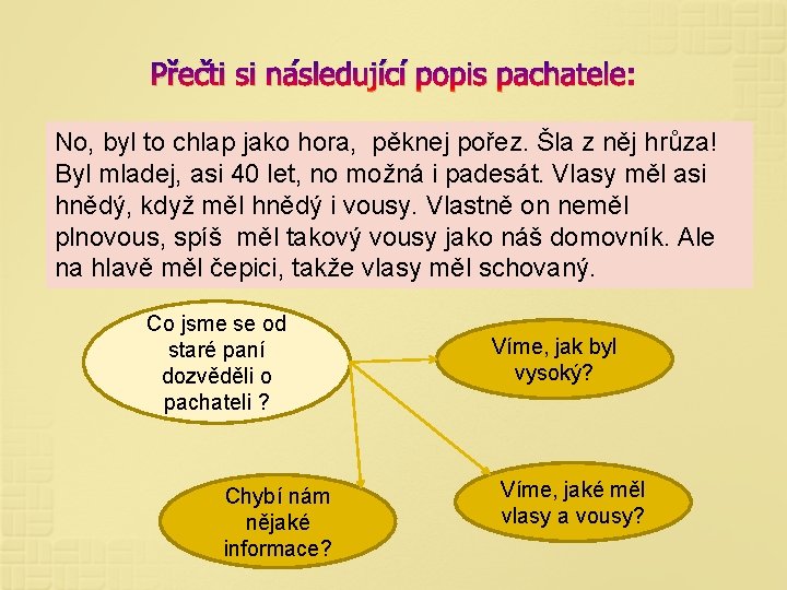 Přečti si následující popis pachatele: No, byl to chlap jako hora, pěknej pořez. Šla