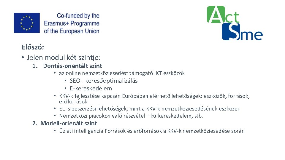 Előszó: • Jelen modul két szintje: 1. Döntés-orientált szint • az online nemzetköziesedést támogató