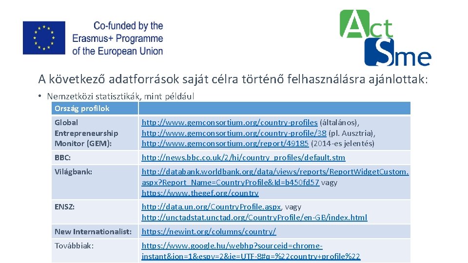 A következő adatforrások saját célra történő felhasználásra ajánlottak: • Nemzetközi statisztikák, mint például Ország