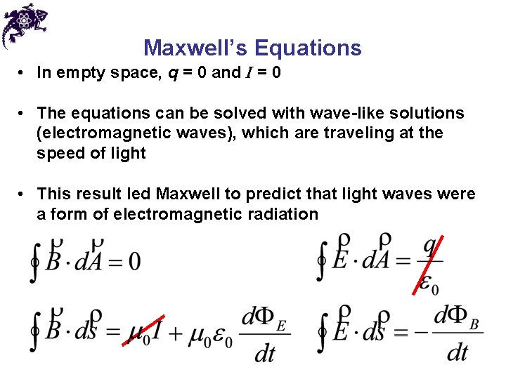 Maxwell’s Equations • In empty space, q = 0 and I = 0 •