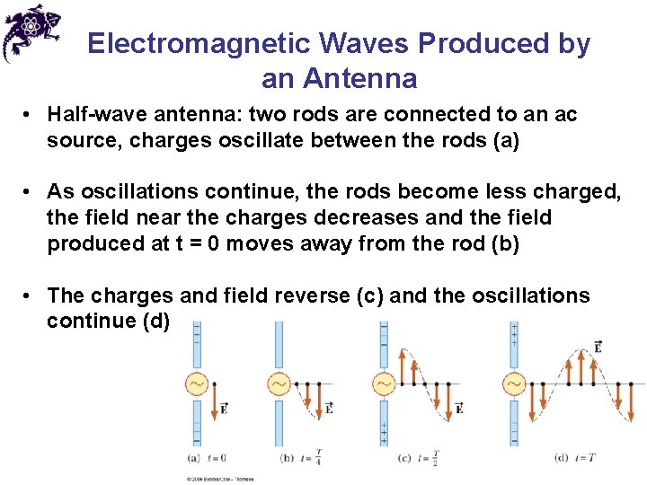 Electromagnetic Waves Produced by an Antenna • Half-wave antenna: two rods are connected to