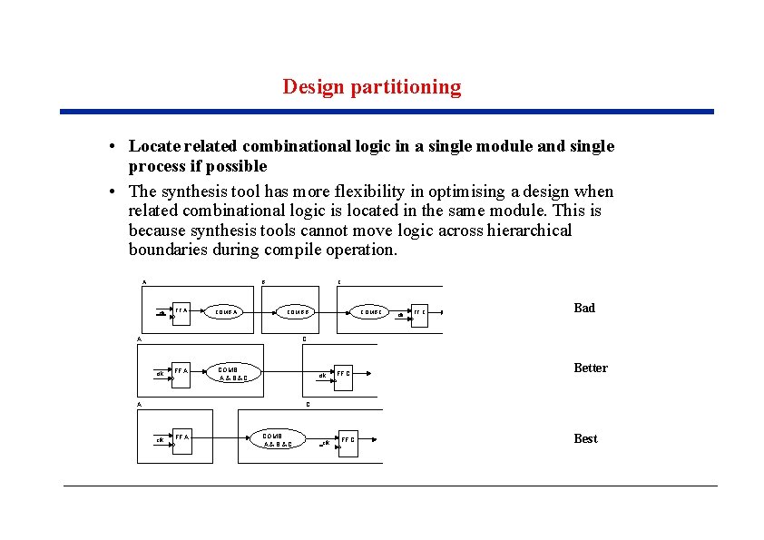 Design partitioning • Locate related combinational logic in a single module and single process