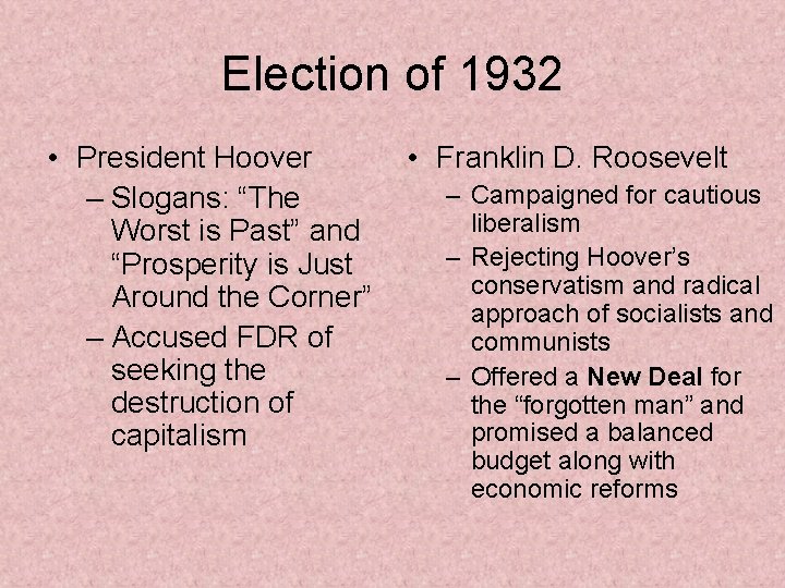 Election of 1932 • President Hoover – Slogans: “The Worst is Past” and “Prosperity