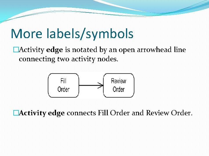 More labels/symbols �Activity edge is notated by an open arrowhead line connecting two activity