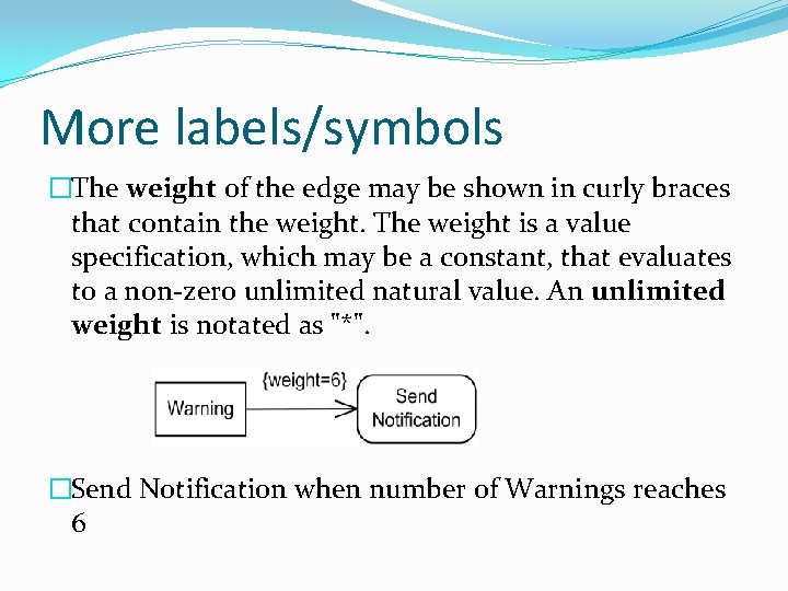 More labels/symbols �The weight of the edge may be shown in curly braces that