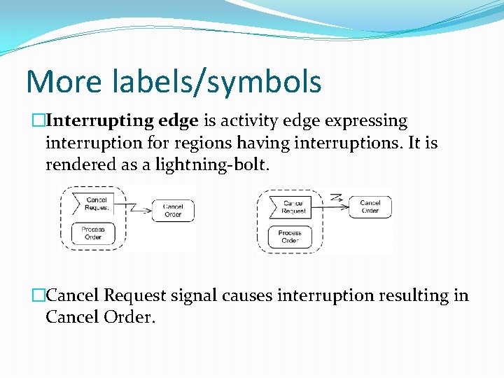 More labels/symbols �Interrupting edge is activity edge expressing interruption for regions having interruptions. It