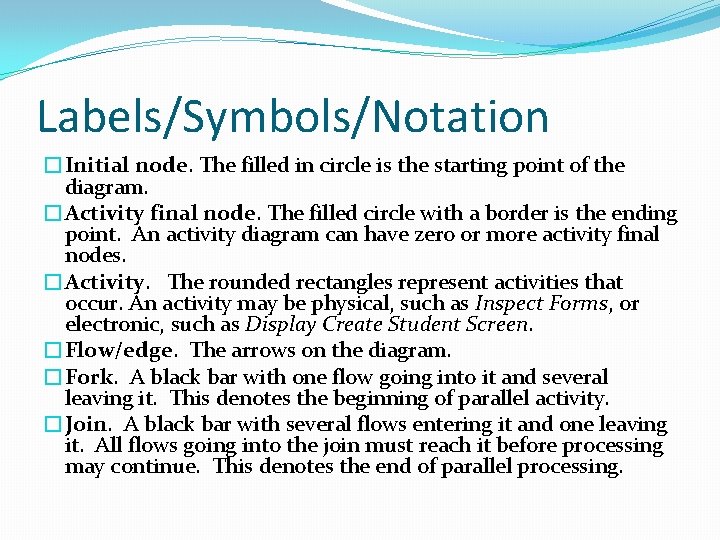 Labels/Symbols/Notation �Initial node. The filled in circle is the starting point of the diagram.