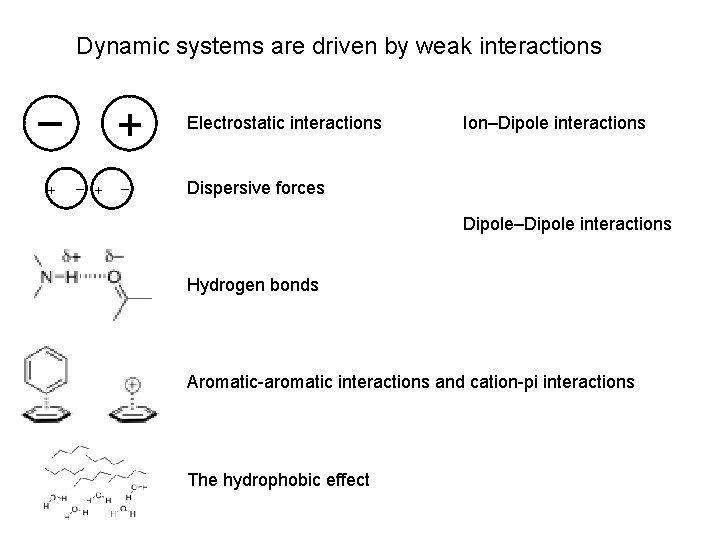 Dynamic systems are driven by weak interactions – + + Electrostatic interactions – Dispersive