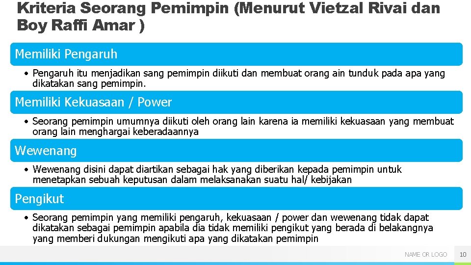 Kriteria Seorang Pemimpin (Menurut Vietzal Rivai dan Boy Raffi Amar ) Memiliki Pengaruh • Kriteria Seorang Pemimpin (Menurut Vietzal Rivai dan Boy Raffi Amar ) Memiliki Pengaruh •