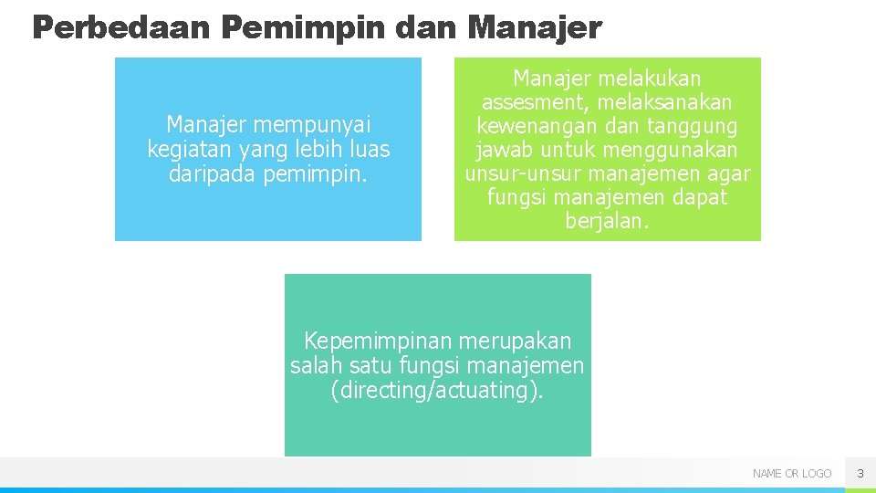 Perbedaan Pemimpin dan Manajer mempunyai kegiatan yang lebih luas daripada pemimpin. Manajer melakukan assesment, Perbedaan Pemimpin dan Manajer mempunyai kegiatan yang lebih luas daripada pemimpin. Manajer melakukan assesment,