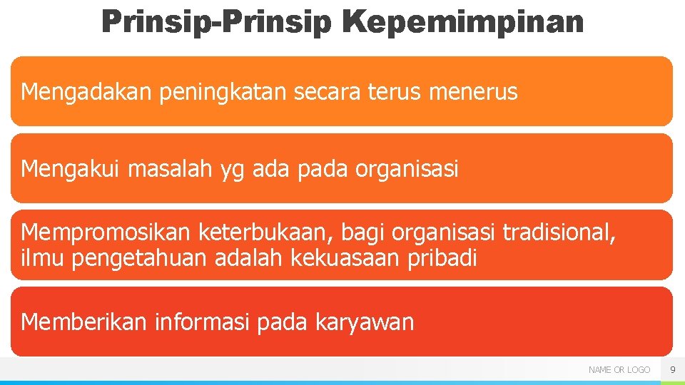Prinsip-Prinsip Kepemimpinan Mengadakan peningkatan secara terus menerus Mengakui masalah yg ada pada organisasi Mempromosikan Prinsip-Prinsip Kepemimpinan Mengadakan peningkatan secara terus menerus Mengakui masalah yg ada pada organisasi Mempromosikan