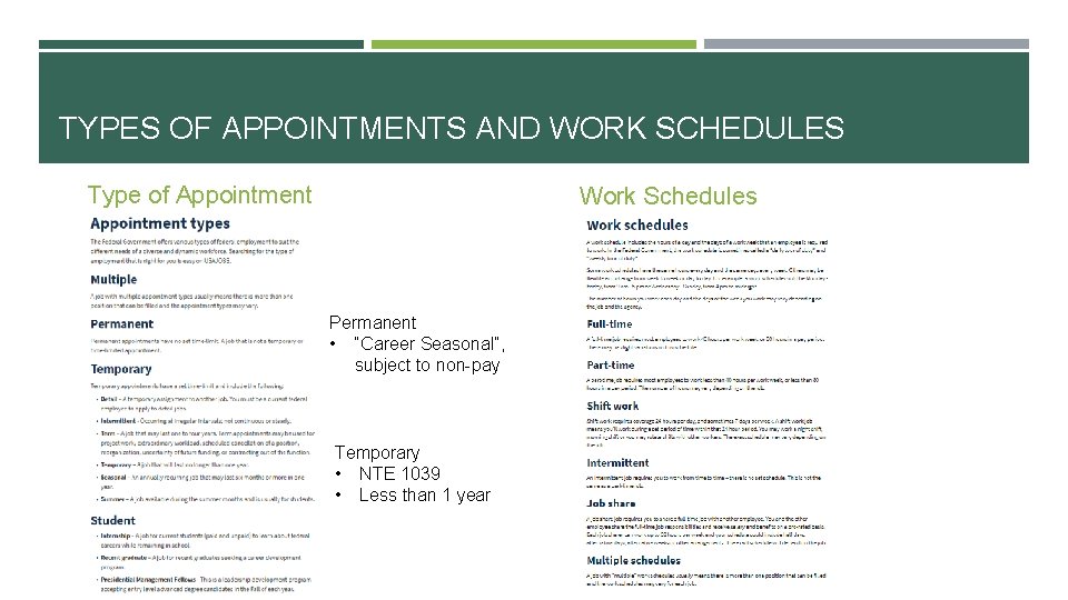 TYPES OF APPOINTMENTS AND WORK SCHEDULES Type of Appointment Work Schedules Permanent • “Career