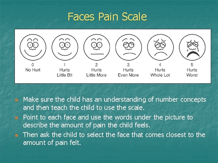 Faces Pain Scale n n n Make sure the child has an understanding of Faces Pain Scale n n n Make sure the child has an understanding of