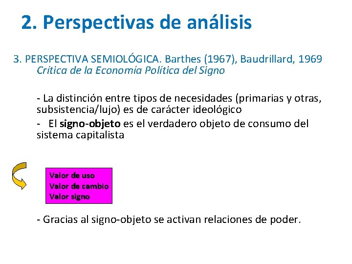 2. Perspectivas de análisis 3. PERSPECTIVA SEMIOLÓGICA. Barthes (1967), Baudrillard, 1969 Crítica de la