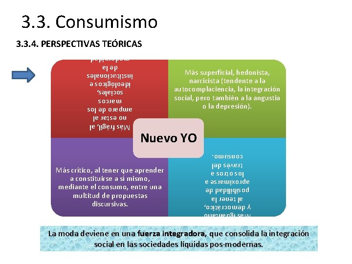 3. 3. Consumismo 3. 3. 4. PERSPECTIVAS TEÓRICAS Más superficial, hedonista, narcicista (tendente a