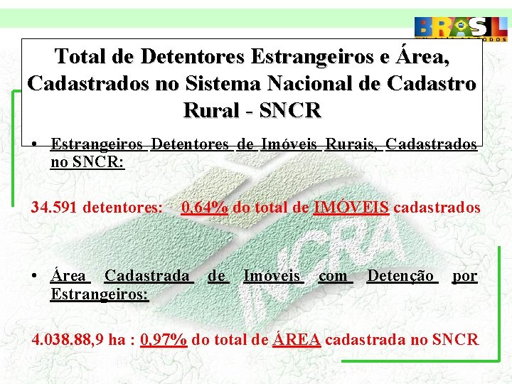 Total de Detentores Estrangeiros e Área, Cadastrados no Sistema Nacional de Cadastro Rural -