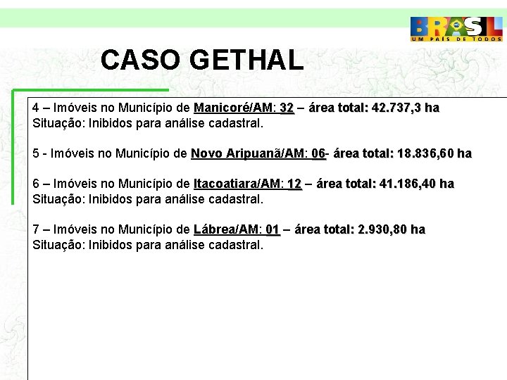 CASO GETHAL 4 – Imóveis no Município de Manicoré/AM: 32 – área total: 42.