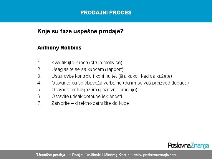 PRODAJNI PROCES Koje su faze uspešne prodaje? Anthony Robbins 1. 2. 3. 4. 5. PRODAJNI PROCES Koje su faze uspešne prodaje? Anthony Robbins 1. 2. 3. 4. 5.