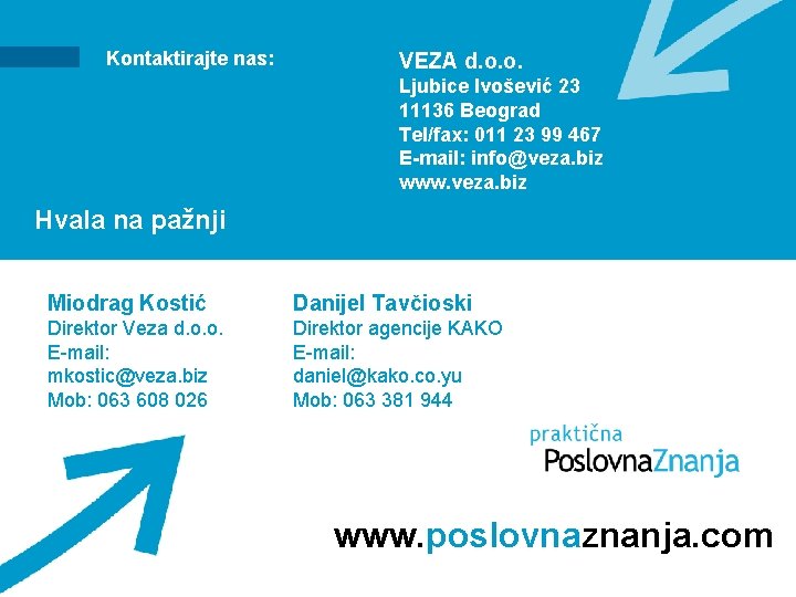 Kontaktirajte nas: VEZA d. o. o. Ljubice Ivošević 23 11136 Beograd Tel/fax: 011 23 Kontaktirajte nas: VEZA d. o. o. Ljubice Ivošević 23 11136 Beograd Tel/fax: 011 23