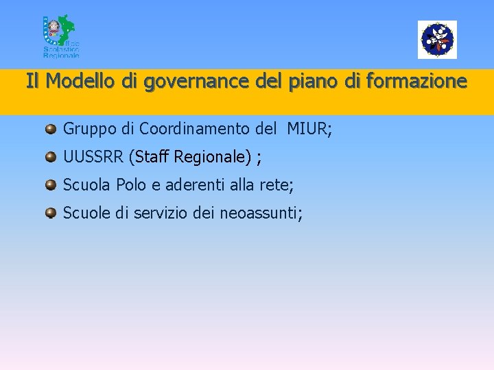 Il Modello di governance del piano di formazione Gruppo di Coordinamento del MIUR; UUSSRR