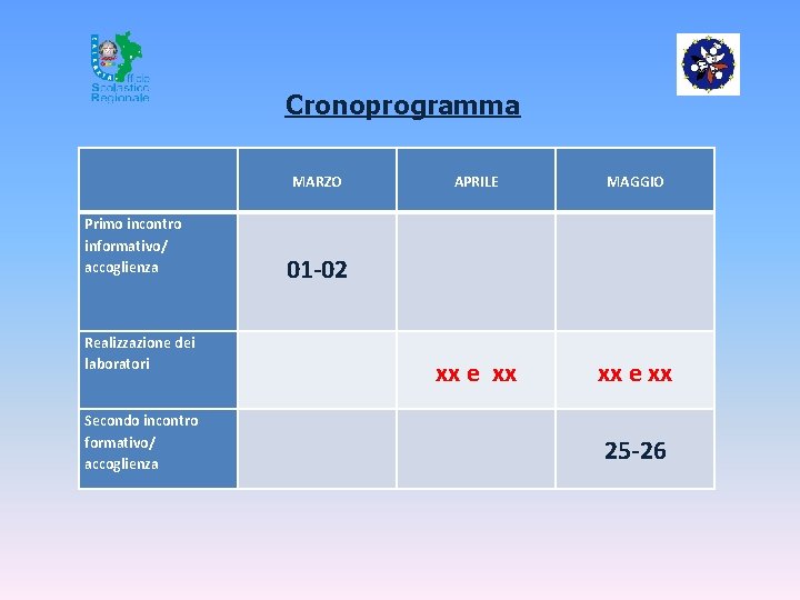 Cronoprogramma MARZO Primo incontro informativo/ accoglienza APRILE MAGGIO xx e xx 01 -02 Realizzazione