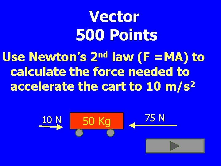 Vector 500 Points Use Newton’s 2 nd law (F =MA) to calculate the force
