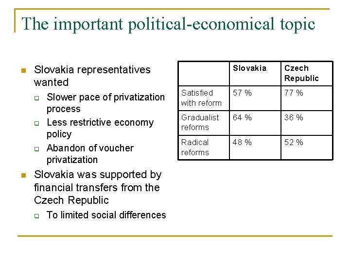 The important political-economical topic n Slovakia representatives wanted q q q n Slower pace