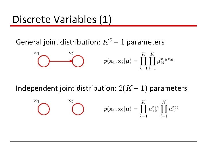 Discrete Variables (1) General joint distribution: K 2 { 1 parameters Independent joint distribution: