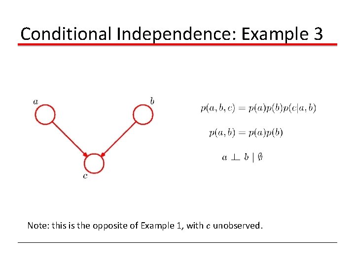 Conditional Independence: Example 3 Note: this is the opposite of Example 1, with c