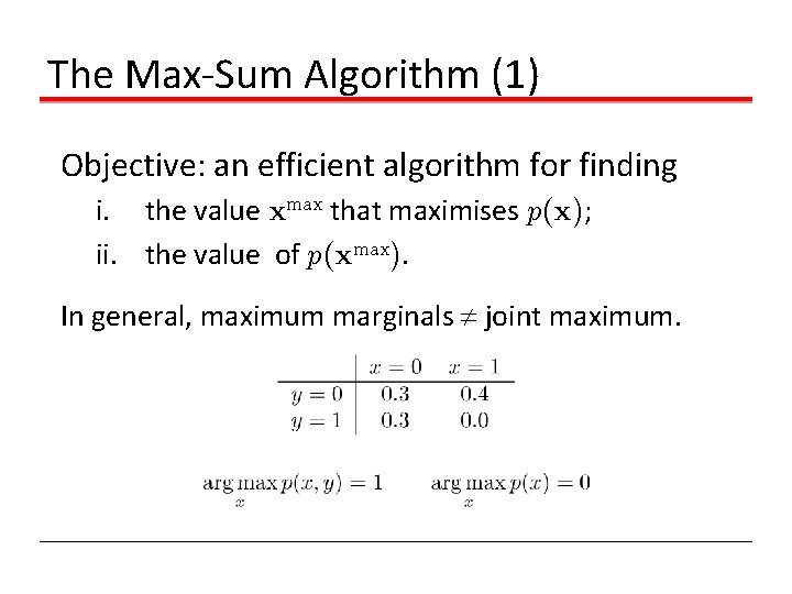 The Max-Sum Algorithm (1) Objective: an efficient algorithm for finding i. the value xmax